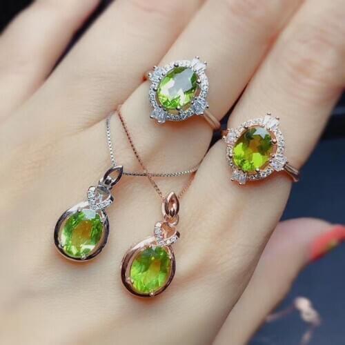 New Coming Natural and Real Peridot Jewelry set 925 sterling silver Natural and Real Peridot 1pc Ring,1pc Pendant