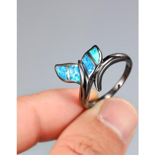 Creative Mermaid Tail Engagement Ring Cute Female Blue Opal Stone Ring Vintage Black Gold Wedding Rings For Women Animal Jewelry
