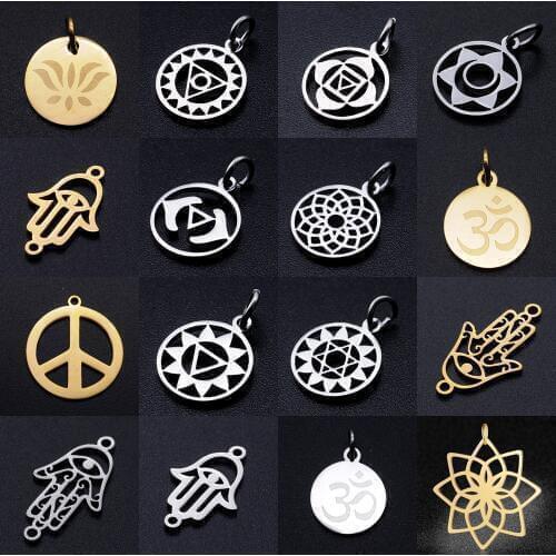 5pcs/lot Stainless Steel Hamsa Hand diy Jewelry Making Charm Wholesale Lotus 7 Chakra Necklace Pendant OM Yoga Connector Charms