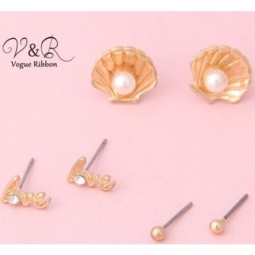 Simple Small Stud Earring Set Of 3 Pairs 2019 New Gold Color Ball Love Letter With Rhinestone Pearl Studs