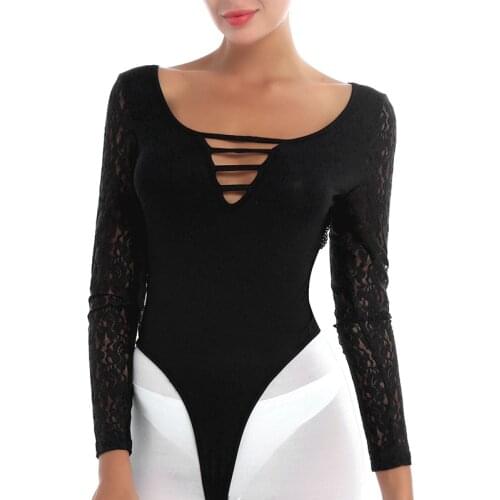 Sexy V Neck Bodysuit Tops Women Black Lace Splice Long Sleeve High Cut Romper Body Suit Female Jumpsuit Bodycon Overalls Blouse