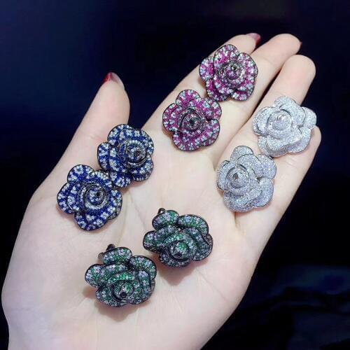 925 sterling silver with cubic zircon rose flower stud earring cute romantic fine women jewelry party wedding green blue 24MM