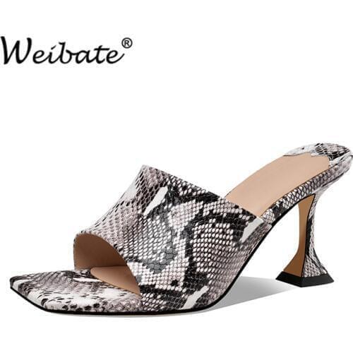 WEIBATE Vintage Square Toe Slipper Sandals Women Strange Heel Designer Sandals Shoes Women Sexy Snake Print Party Shoes Women
