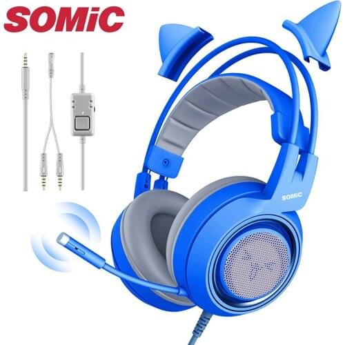 SOMIC G952S Blue Wired Headphones Gaming Headset With Mic Stereo for PS4 XBOX PC Phone Detachable Cat Ear Headphone G936N