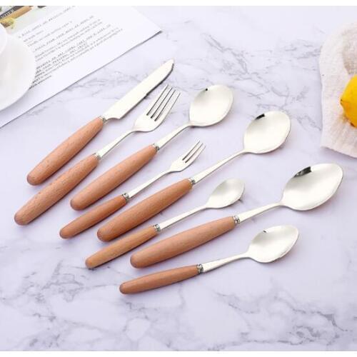 Wood handle stainless steel tableware Wood stainless steel knife fork spoon Chopsticks long handle spoon