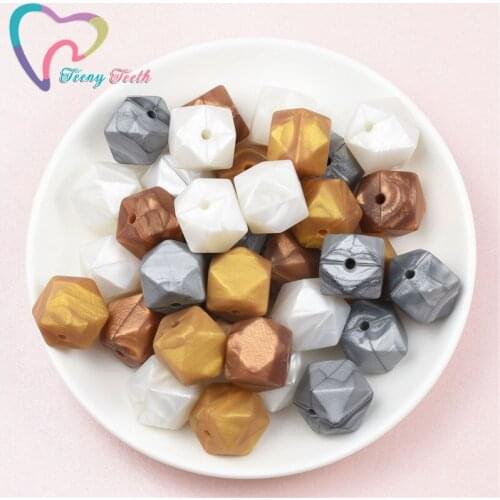 Teeny Teeth 50 PCS 14-17 MM 4 Color Mix Metallic Gold Silver Copper White Geometric/Hexagon Silicone DIY Teething Necklace Beads