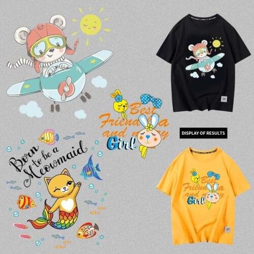 Cartoon rabbit animation pilot Fish and cat heat transfer sticker printed clothes for iron on DIY letter patch T-shirt decorate