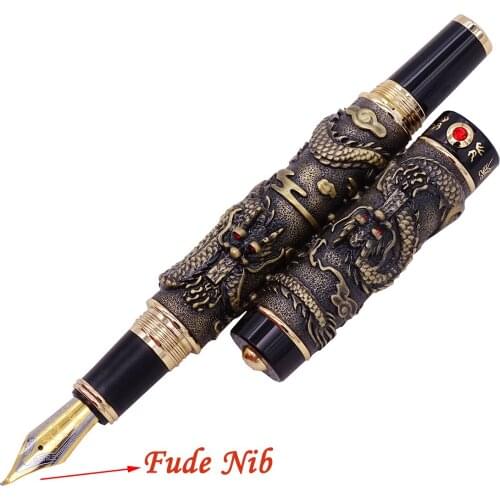 Jinhao Vintage Double Dragon Calligraphy Pen Luxury Fountain Pen Bent Nib Metal Carving Embossing Heavy Gift Pen Collection