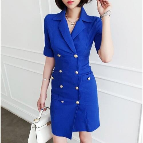 Elegant Wear To Work Vestidos Business Party Office Lady Women Dress Retro Double Breasted Short Sleeve Summer Dresses