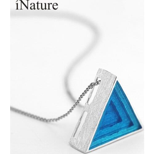 INATURE 925 Sterling Silver Blue Enamel Triangle Pendant Necklaces For Women Jewelry Bijoux