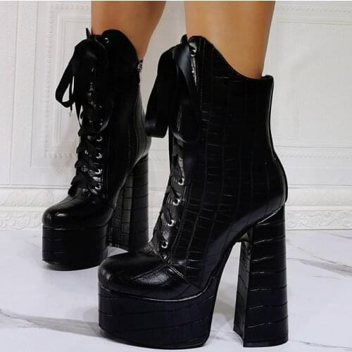 Winter Shoes Boots Black Chunky High Heel Platform Ankle Boots Stone Print Round Toe Fashion Short Booty Lace Shoes Zip Size 47