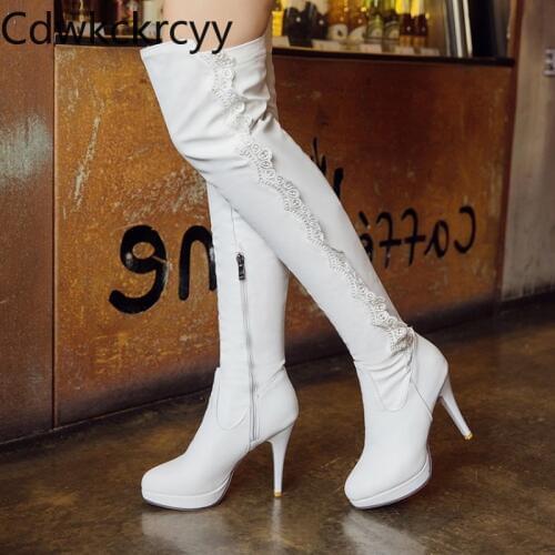 Winter The New fashion Round head Fine heel Over the knee Boots Night club Lace Sexy Plus velvet Keep warm High heel Women boots