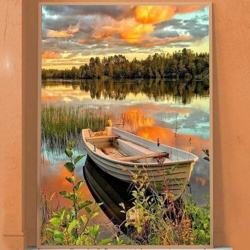 5D DIY Diamond Painting Landscape Lake Boat Kit Full Drill Embroidery Scenery Mosaic Art Picture of Rhinestones Home Decor Gift