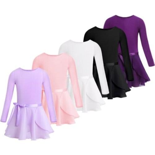 Girls Ballet Leotard Dancewear Cotton Long Sleeves Ballet Dance Class Gymnastics with Chiffon Tied Skirt Set Ballerina Clothing