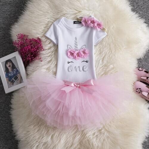 Kids Baby Girls Clothes Set Short Sleeve Birthday Dress Clothings Bodysuits+Skirt+Headband 3pcs Suits Infant Girls 1st Outfits