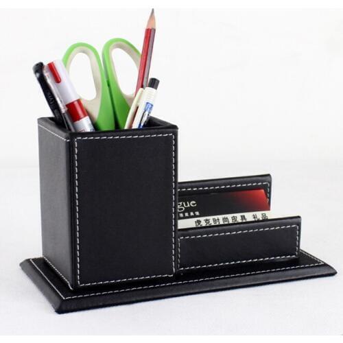 Wood structure leather desk square pen box with name card holder office stationery accessories holder organizer black 298A