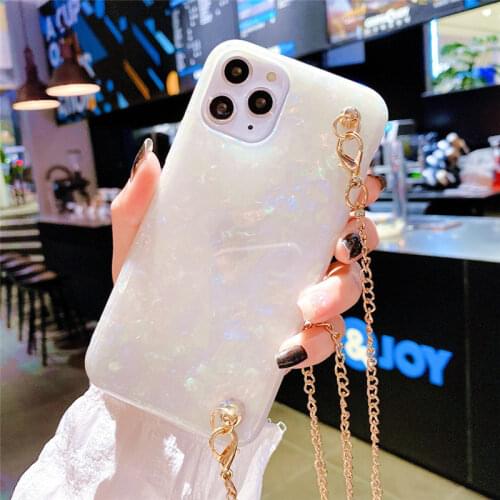 Hanging Chain Glossy Marble Phone Case For iphone XR X XS 12 Mini 11 Pro Max 7 8 Plus SE 2020 Cover Necklace Silicone Back Shell
