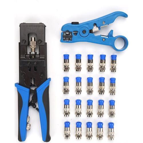 Coaxial Compression Tool Cable Crimper Cutter Kit RG6 RG59 RG11 Coaxial Cable Stripper with 20 PCS F Compression Connectors