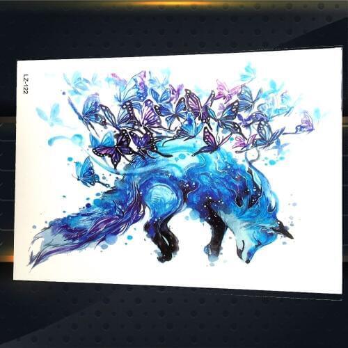 Flying Blue Fox With Butterfly Women Sexy Watercolor Temporary Tattoo Stickers Fake Waterproof Tattoo For Men Body Art Chest