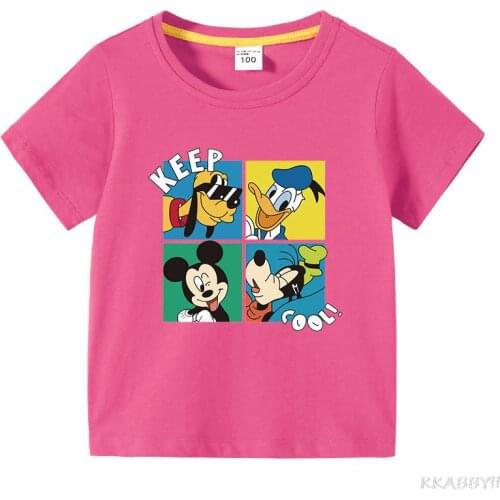 Disney Mickey Summer Children New Short-sleeved Girl Cute Print T-shirt Boys Casual Fashion Round Neck Tops Kids Cotton Clothing