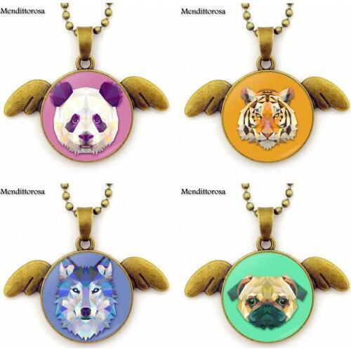 Fox Deer Tiger Owl Dog Wolf Animal Orangutan Koala Bear Jewelry Glass Bronze Angel Wings Pendants Necklace Bijouterie