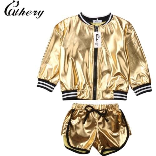 2-6Years Fashion 2PCS Toddler Girls Golden Jacket+Shorts Outfits Clothes Set Childrens Age 1-6Y