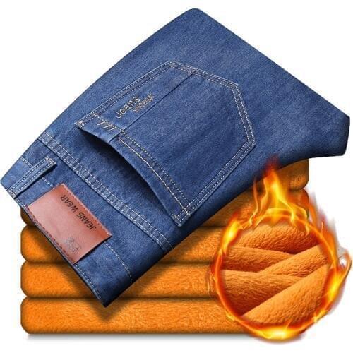 2020 Winter New Mens Warm Jeans Business Casual Thick Slim Denim Pants Brand Trousers Black Plus Size 40