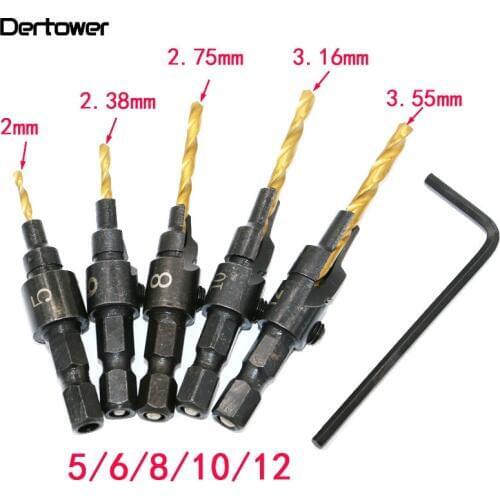 5pcs Countersink Drill Woodworking Drill Bit Set Drilling Pilot Holes For Screw Sizes #5 #6 #8 #10 #12 DT7