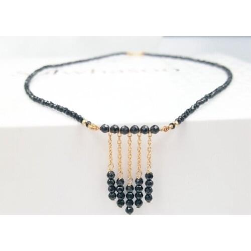Natural Black Spinels 1-2mm 925 sterling silver GP Choker Shining Tassel Necklace 40cm