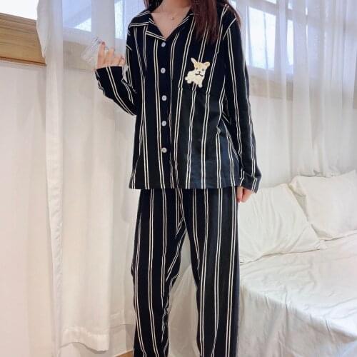 Fashion Women Vertical Stripe Pajamas Set Loose Leisure Spring Long Sleeve Cute Dog Pajamas Female College Style Cotton Homewear