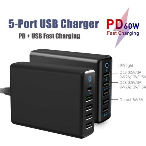 5 Port Multi USB Charging Station 60W USB Wall Charger Fast Charging Station 40w Smart charger For iPhone Samsung Huawei Xiaomi