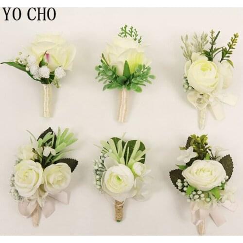 YO CHO White Boutonniere Wedding Bridesmaid Wrist Corsage Artificial Silk Rose Flower Girl Bracelet Flower Prom Party Corsages