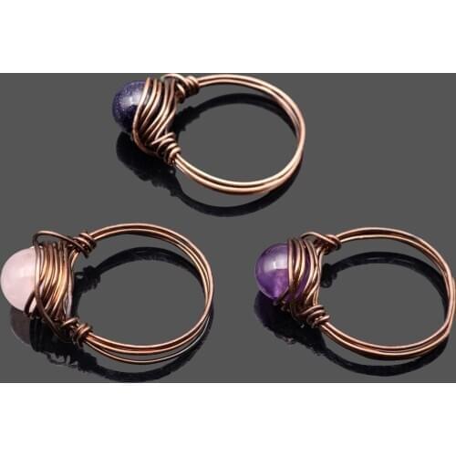 Women Rings Wire Wrap Natural Stone Beads Rose Quartz Agate Crystal Beads Handmade DIY Retro Jewelry