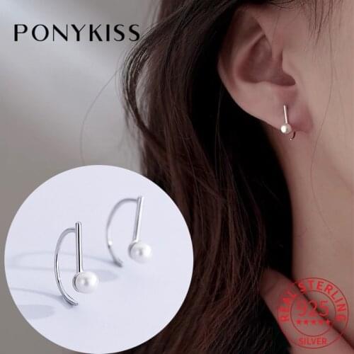 PONYKISS 100% 925 Sterling Silver Pearl Geometric Hoop Women Commuting Delicate Elegant Earrings Accessory Fine Gift