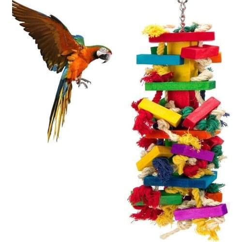 Parrot chewing toyColorful bird toy Cotton rope wooden block chewing parrot toy Birdcage accessories Bird supplies