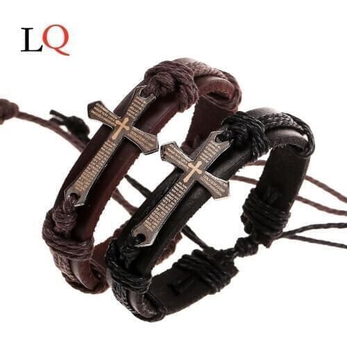 Classic Punk Stainless Steel Magnetic Metal Clasp Men Jewelry Christianity Black Brown Genuine Leather Bracelets Cross Pulseira