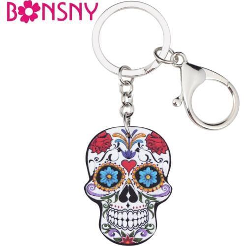 Bonsny Acrylic Cartoon Halloween Skeleton Novelty Skull Key Chains Keyrings For Women Ladies Teens Handbag Car Key Charms GIFT
