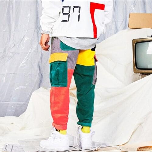 Mens Fashion Splicing Print Fashion Corduroy Splicing Multi-craft Jeans Hip Hop Joggers Men Sport Trousers Streetwear