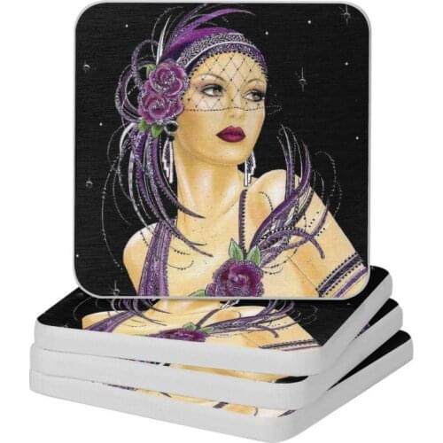 FLAPPER Vintage 1930 Art Deco Print Diatomite Square Round Shape Coaster Non-slip Cup Bonsai Mat Soap Pad Diameter 10cm