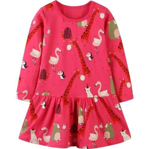 Funnygame New Arrival Long Sleeve Animals Ducks Print Cotton Girls Dresses for Autumn Spring Childrens Clothing Pockets Dress