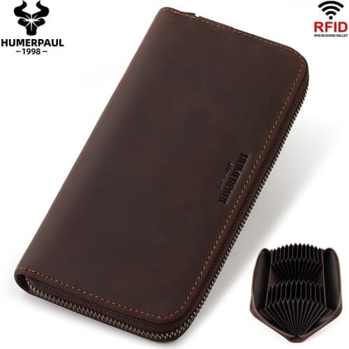 HUMEPAUL 100% Genuine leather RFID Blocking Wallet Zipper Coin Pocket Long Purse Passport Cover For Men Card Holder Purse