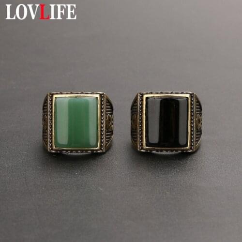 Vintage Brass Ring Jewelry Green Black Color Stone Inlaid Punk Hip Hop Rock Men Finger Rings Antique Craft Trendy Adjustable