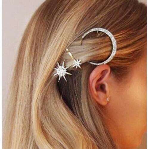 Fashion Rhinestone Star Moon Hair Clips for Women Antique Silver Color Bang Barrettes Hairpins Hair Jewelry Accessories Gift