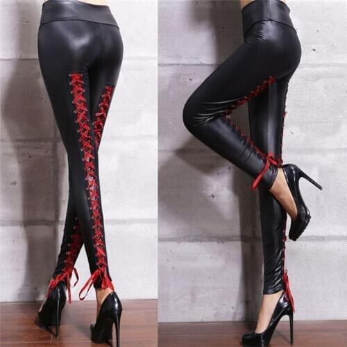 Fashion Back Lace-Up Women High Waist Faux Leather Pencil Leggings Stretchy Bandage Hollowed Out Pants