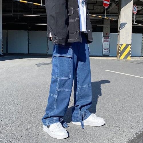 Men Straight Pant Loose Multi-pocket Streetwear Hip Hop Wide Leg Denim Pant Neutral Unisex Harajuku Cowboy Baggy Denim Pants