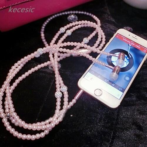 New Arrival Fashion Earphones Luxurious Bling Pearl Necklace Earphones for Girls With Mic kecesic For iphone 6 6s samsung