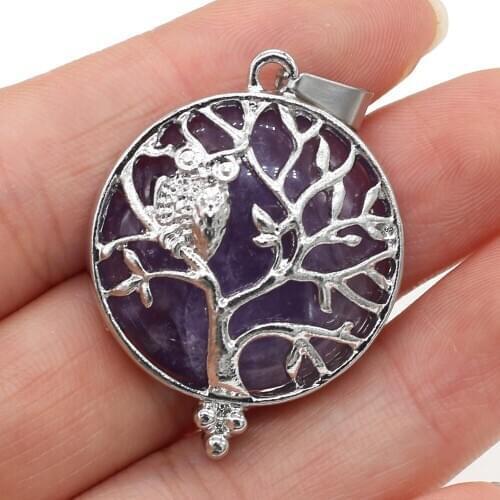 New Natural Stone Pendants Round Owl Shape Amethysts Charms for DIY Jewelry Necklace Bracelet Accessories Size 28x36mm