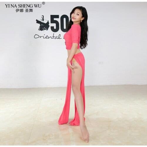 New Women Belly Dance Costumes Set 2pcs Sexy Top And Beaded Long Split Skirt Female Bellydance Short Sleeves Training Clothes