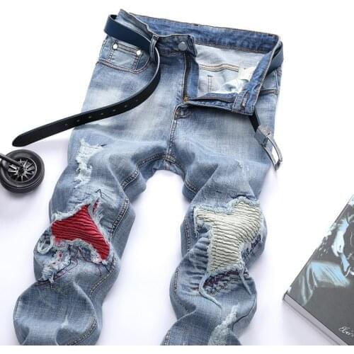 Autumn New Mens Lines Stripe Big Holes Ripped Jeans Streetwear Zipper Slim Skinny Stretch Denim Pencil Pants Trousers Big Size