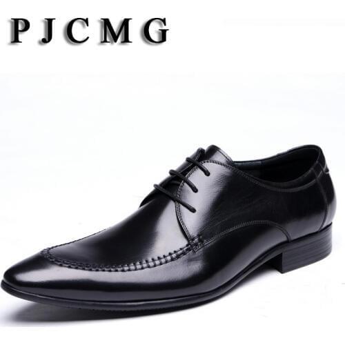PJCMG Fashion Spring/Autumn Luxury Black Genuine Leather Lace-Up Buckle Pointed Toe Dress Business Oxfords Shoes For Men